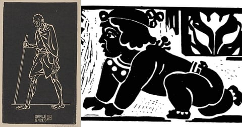 Linocuts by Nandalal Bose: (L-R) Bapuji, dated 12th  April 1930. The crawling Krishna.
