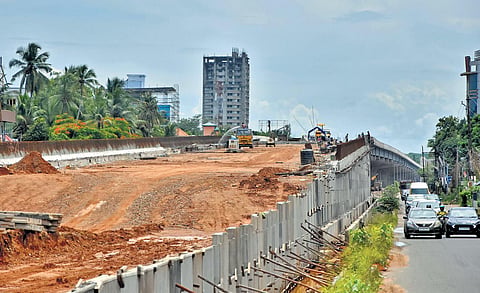 The construction work on the approach road of the elevated highway in progress in Kazhakoottam at the end of Technopark side | B P Deepu