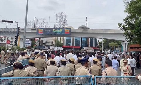 Police halts Congress workers' march to Raj Bhavan in Hyderabad on Thursday. (Photo | ANI)