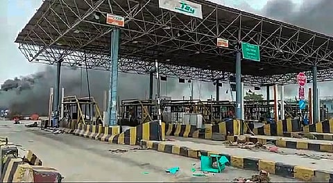 A toll plaza after it was vandalised by people protesting against Centre's 'Agnipath' scheme, in Sasaram district, Friday, June 17, 2022. (Photo | PTI)
