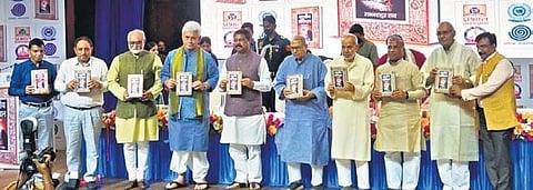 Manoj Sinha, Lt. Governor of Jammu and Kashmir, Dharmendra Pradhan and Union HRD minister, among other senior officials present during the book launch. (Photo | Express)