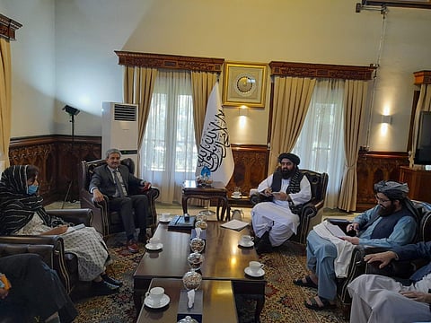 Joint Secretary (Pakistan, Afghanistan, Iran), JP Singh with Taliban Foreign Minister Amir Khan Muttaqi in Kabul on Thursday. (Photo | EPS)