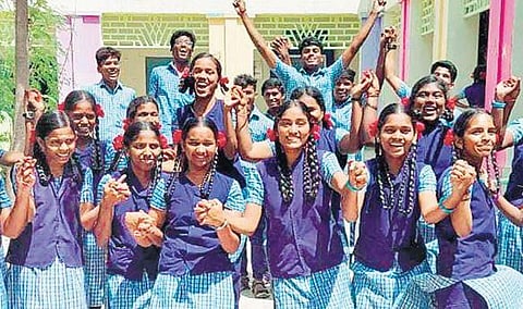 Students in a jubilant mood at government higher secondary school in Perambalur on Monday | Express
