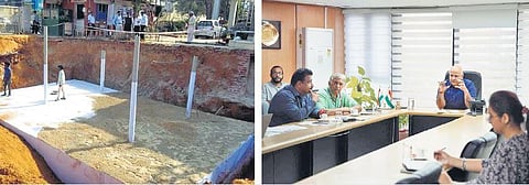 A rainwater harvesting pit being prepared (left), Deputy CM holds meeting with officials connected with project. (Photo | Express)