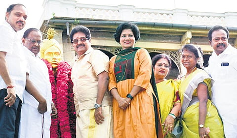 Minister S Regupathy and collector Kavitha Ramu garlanding the statue of Rajagopala Tondaiman to mark his centenary year celebrations | Express