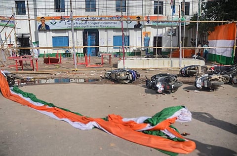 Damaged vehicles after alleged violence on the result day of Tripura by-elections, outside Tripura Pradesh Congress office, in Agartala. (Photo | PTI)