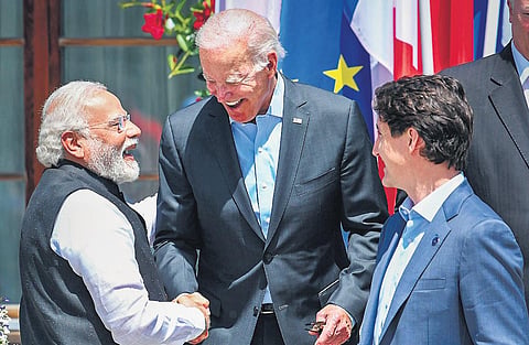 Prime Minister Narendra Modi with US President Joe Biden and Prime Minister of Canada Justin Trudeau (right) at G-7 Summit in Germany on Monday | PTI