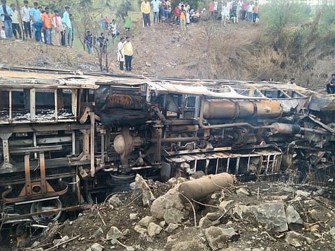 Police sources told Express that the diesel tanker was damaged after the bus dashed to the bridge and suddenly the bus was caught in the fire. (Photo | Express)