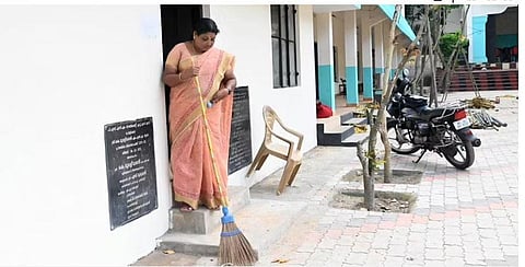 K R Usha Kumari sweeping the PSNM Government Higher Secondary School premises at Peroorkada in Thiruvananthapuram | Vincent Pulickal