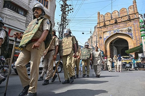 Police personnel patrol as security has been beefed up in Ajmer, Wednesday, June 29, 2022, a day after murder of a tailor in Udaipur. (Photo | PTI)