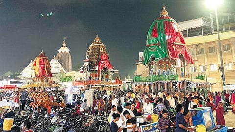 The three chariots on the Grand Road in Puri, getting final touches ahead of the Rath Yatra celebrations on July 1.(Photo  | Diana Sahu, EPS)