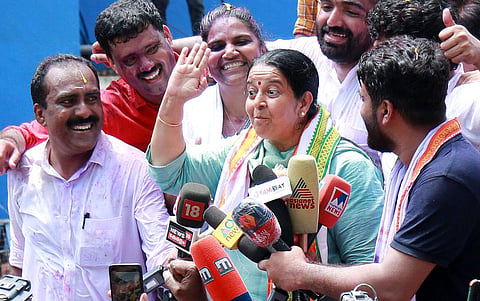 Uma Thomas coming out after the counting of votes in Thrikkakara bypoll. (Photo |  T P Sooraj, EPS)