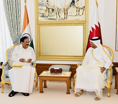 Prime Minister and Minister of Interior of Qatar, Sheikh Khalid bin Khalifa bin Abdulaziz Al Thani meets VP M Venkaiah Naidu. (Photo | Twitter)