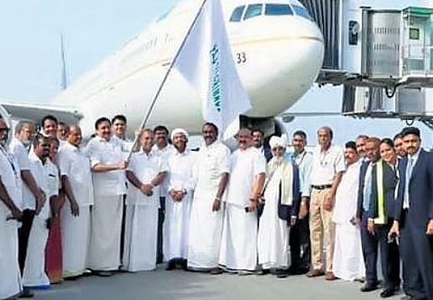 Minister of Wakf and Hajj pilgrimage V Abdurahiman flagging off the Saudi Arabian Airlines flight carrying the pilgrims to Mecca on Saturday