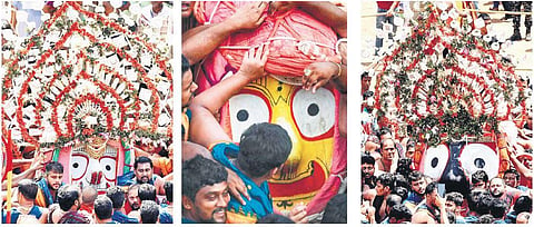 Lo and behold! Lord Balabhadra, Devi Subhadra and Lord Jagannath during Pahandi  Bije I Express/SJTA