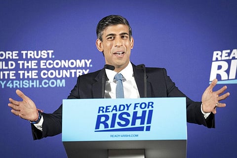 British Treasury chief Rishi Sunak speaks at the launch of his campaign to be Conservative Party leader and Prime Minister, at the Queen Elizabeth II Centre in London. (Photo | AP)