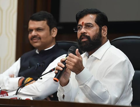 Maharashtra CM Eknath Shinde and state Deputy CM Devendra Fadnavis during a press conference in New Delhi, Saturday, July 9, 2022.  (Photo | PTI)