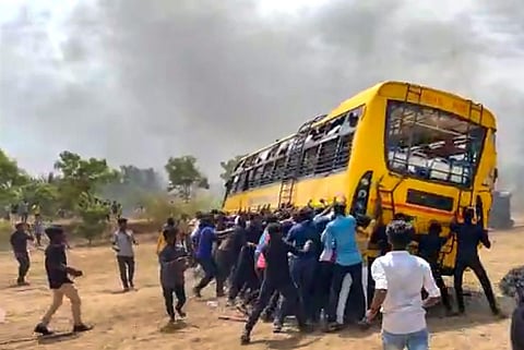 Protests over the death of a 17-year-old girl in a private residential school in Chinnasalem, in Kallakurichi district, Tamil Nadu, took a violent turn, on July 17, 2022. (Photo | PTI)