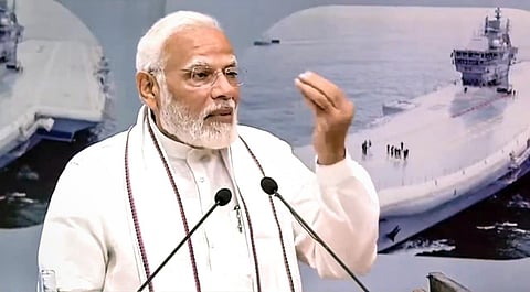 Prime Minister Narendra Modi addresses the Naval Innovation and Indigenisation Organisation Seminar 'Swavlamban', in New Delhi. (Photo | PTI)