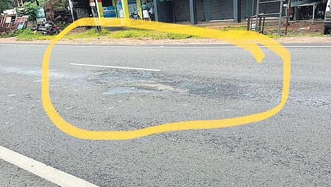 The filled pothole on NH 66 at Thalikkulam in Thrissur