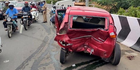 Two cars collided on Trichy Road flyover  at Sungam on Wednesday. Inset:  Mangled remains found on the road after the accident. (Photo| EPS)