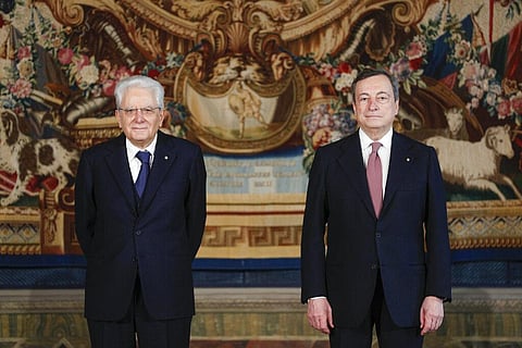 'Reformer Toppled': In this file picture dated 2021-02-13 Sergio Mattarella (L) pose with Mario Draghi (R) after the swearing-in ceremony, at the Quirinale Presidential Palace in Rome. (Photo  |AP)