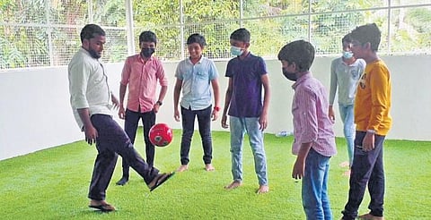 The football turf set up on the terrace of Masjidul Rehma at Panur in Kannur