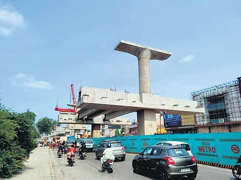Pillars of the upcoming double-decker flyover between Yamuna Vihar and Bhajanpura  on the Maujpur-Majlis Park Metro corridor. (Photo| Twitter)