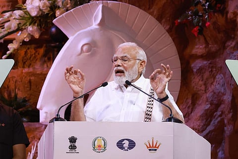 Prime Minister Narendra Modi speaks during the Opening Ceremony of the 44th Chess Olympiad in Chennai, Thursday. (Photo | PTI)
