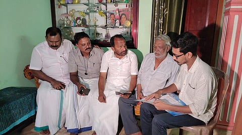Indian National Congress politicians visit the family of Philomina who died this week. Her husband alleged the Karavannur bank authorities had refused to return him the deposited money. (Photo | EPS)