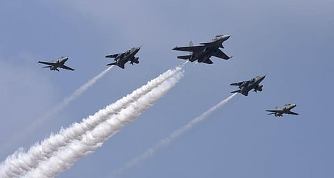 Indian Air Force's SU-30 aircraft in lead with two Jjaguar and two Hawk aircrafts fly in a formation over Yelahanka air base during Aero India. 