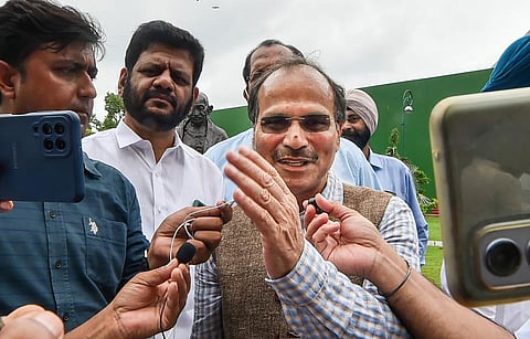 Congress leader Adhir Ranjan Chowdhury interacts with the media at Parliament House during ongoing Monsoon Session, in New Delhi, Friday, July 29, 2022.  (Photo | PTI)