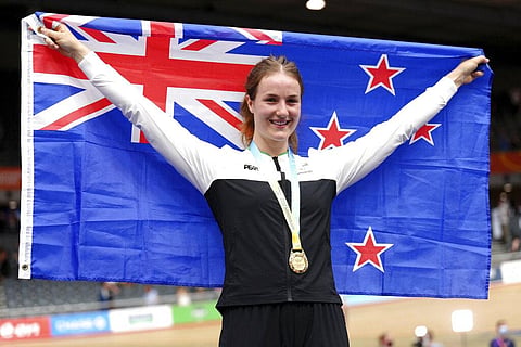 New Zealand's Ellesse Andrews celebrates after she won the Women's Sprint during the Commonwealth Games track cycling. (Photo | AP)