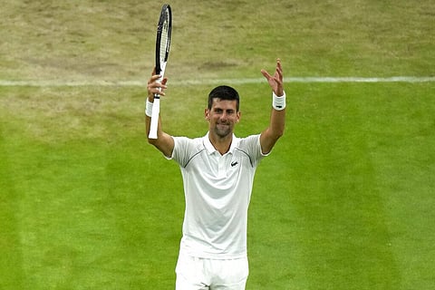 Serbia's Novak Djokovic celebrates defeating Tim van Rijthoven during a match on day seven of the Wimbledon tennis championships. (Photo | AP)