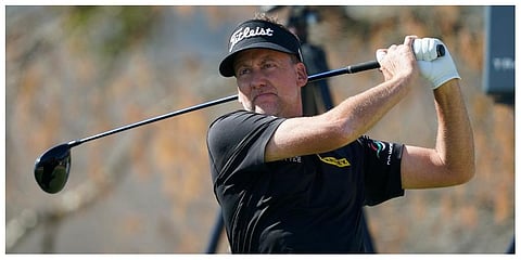 Ian Poulter watches his shot off the sixth tee during the third round of the Dell Technologies Match Play Championship golf tournament. (Photo | AP)