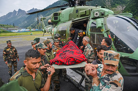 At least 16 people have been reported dead after sudden rains triggered flash floods during an annual Hindu pilgrimage to an icy Himalayan cave in Kashmir on July 8 afternoon. 15,000 stranded pilgrims were shifted to the lower base camp of Panjtarni. Sear