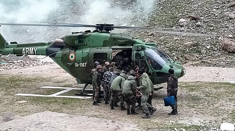 Army personnel carry out the rescue operation in the cloudburst affected areas near the Amarnath cave shrine, J&K, Saturday, July 9, 2022. (Photo | PTI)