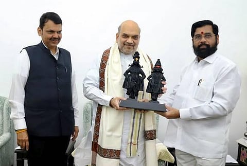 Union Home Minister Amit Shah with Maharashtra Chief Minister Eknath Shinde and Deputy Chief Minister Devendra Fadnavis during their meeting in New Delhi. (Photo | PTI)