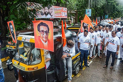 Auto-rickshaw drivers stage a demonstration in support of Maharashtra CM Eknath Shinde. (Photo | PTI)