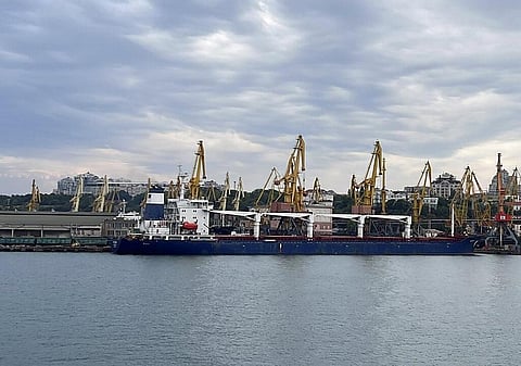 The Razoni cargo ship, under the flag of Sierra Leone, with 26,000 tons of the Ukrainian corn aboard, leaves the port in Odesa region, Ukraine.  (Photo | AP)