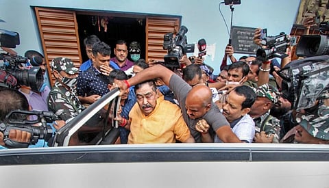 Trinamool Congress leader Anubrata Mandal after his arrest by the CBI in connection with a cattle smuggling case, at Bolpur in Birbhum district of West Bengal. (Photo | PTI)