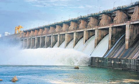 Water flows through the open gates of Lower Manair Dam in Karimnagar