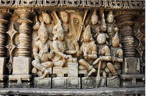 Pandavas and Kauravas playing dice, Amrureshwara temple, Amrutapura