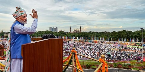 Prime Minister Narendra Modi addresses the nation from the ramparts of the Red Fort on the occasion of the 76th Independence Day, in New Delhi. (Photo | PTI)