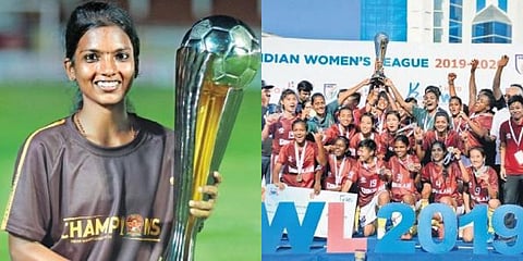 In this 2020 photograph, KV Athulya (L) and Gokulam FC women’s team after winning the IWL.
