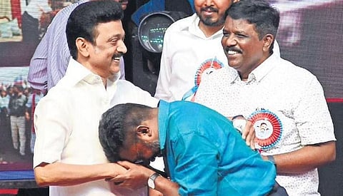 Chief Minister MK Stalin greets VCK chief Thol Thirumavalavan on his 60th birthday at an event held at Kalaivanar Arangam on Tuesday | Ashwin Prasath 