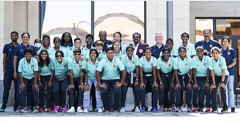 Women players after reaching Uzbekistan. (Photo |  Gokulam Kerala FC @ Twitter)