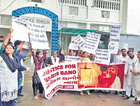Social organisations hold a demonstration against release of convicts in  Bilkis Bano’s gang-rape case in Ahmedabad on Friday. (Photo| Express)