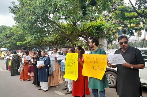 Activists stage a  protest  at Dharna Chowk, Indira Park on Saturday against the release of convicts in Bilkis Bano case