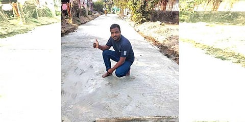 ​  P Chandrasekaran on the concrete road funded by him in Nallavur | Express ​